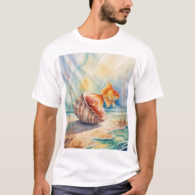 Vattenfärgad guldfisk i korall Snäcka T Shirt (Framsida)