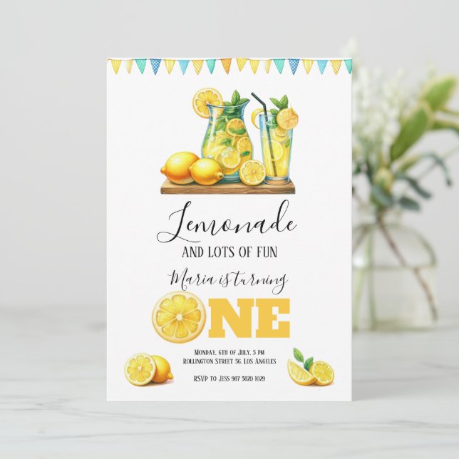 Vattenfärgad Gult Lemonade 1:a födelsedagen Party Inbjudningar (Stående Fram)