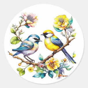 Vattenfärgad Gult och blå fåglar och blommor Runt Klistermärke
