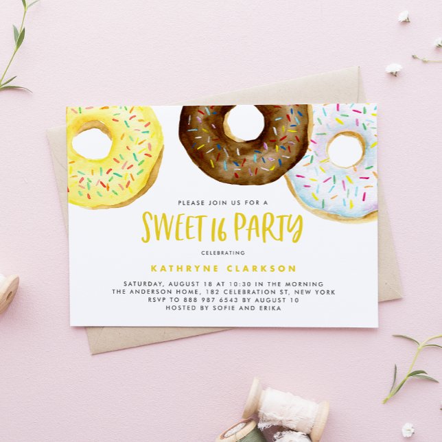 Vattenfärgad Gult och Choklad Donuts Söt 16 Inbjudningar (Skapare uppladdad)