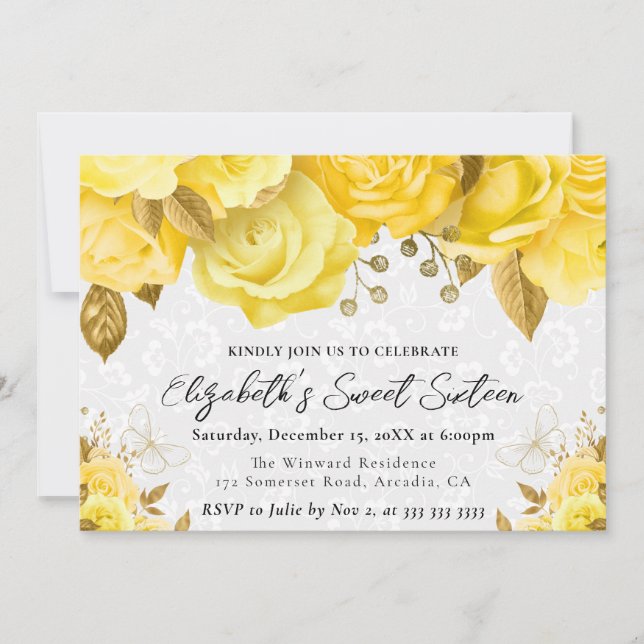 Vattenfärgad Gult och Guld Flowers Sweet sixteen Inbjudningar (Framsida)