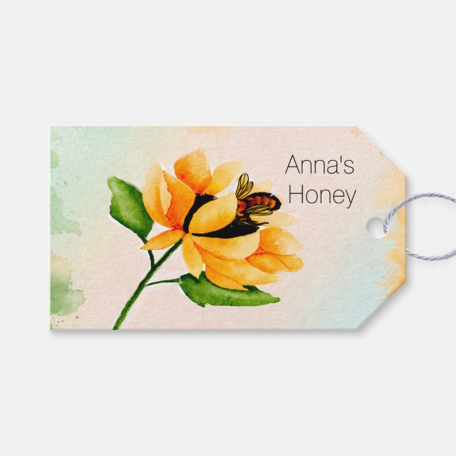 Vattenfärgad Gult Solros med Bee Gift-Märkre Presentetikett (Framsidan (Horisontell))