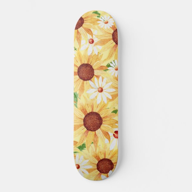 Vattenfärgad Gult Solros och Daisy Mini Skateboard Bräda 18,5 Cm (Framsida)