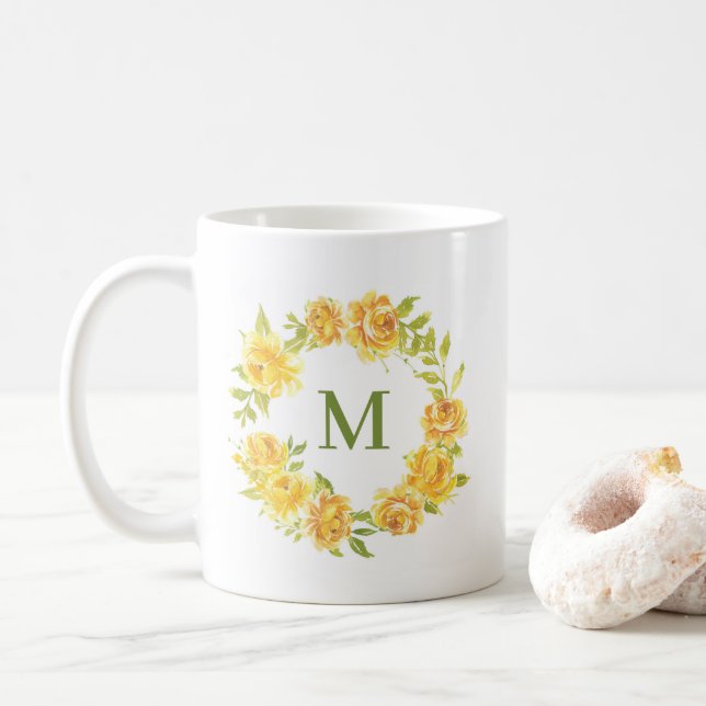 Vattenfärgad Gult, sommarblommor, andningsmonogram Kaffemugg (Med munk)