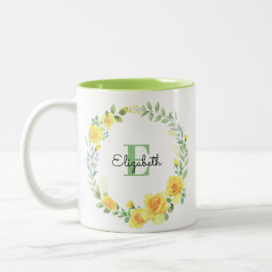 Vattenfärgad Gult, sommarblommor, andningsmonogram Två-Tonad Mugg