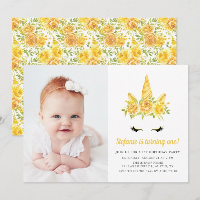 Vattenfärgad Gult Unicorn Blommigt Första födelsed Inbjudningar (Fram/baksida)