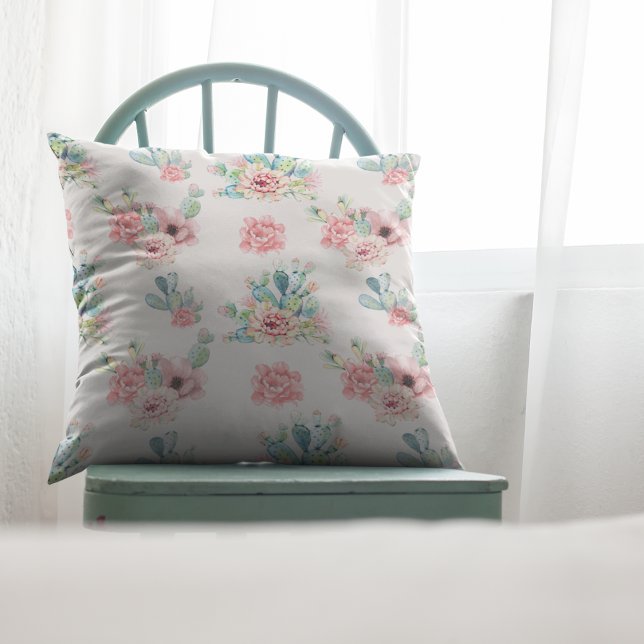 Vattenfärgad hand Rita exotiska Cacti-set med blom Kudde (Skapare uppladdad)