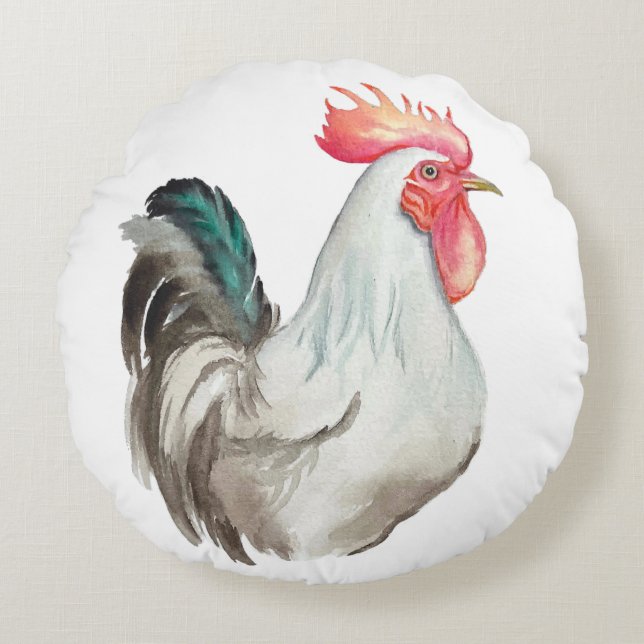 Vattenfärgad hand teckning i Tupp Rund Kudde (Framsidan)