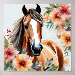 Vattenfärgad häst, omgiven av blommor poster