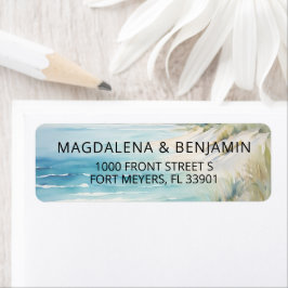 Vattenfärgad havskust vid strandbröllop returadress etikett
