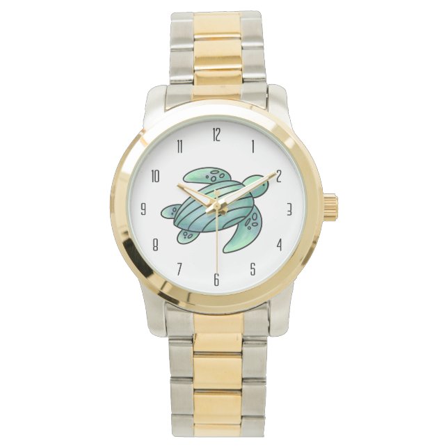 Vattenfärgad havssköldpadda tecknad blå grönt armbandsur (Framsida)