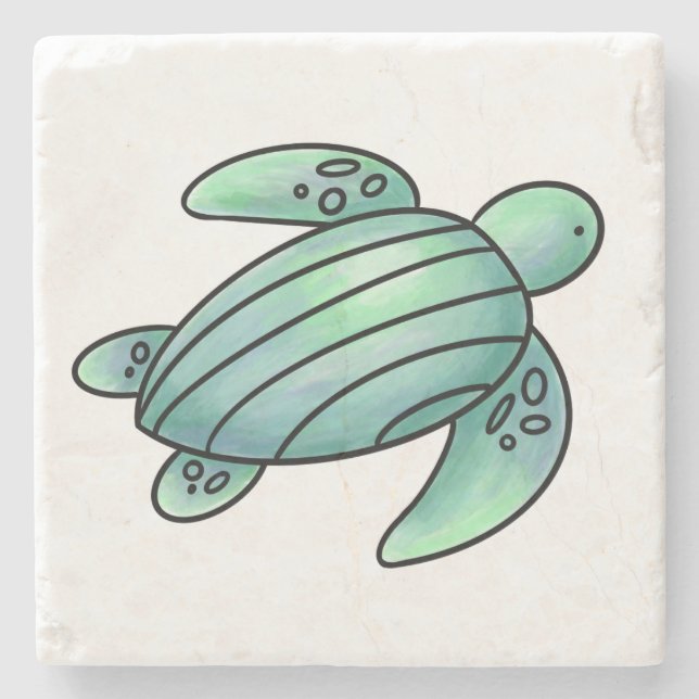 Vattenfärgad havssköldpadda tecknad blå grönt stenunderlägg (Framsidan)