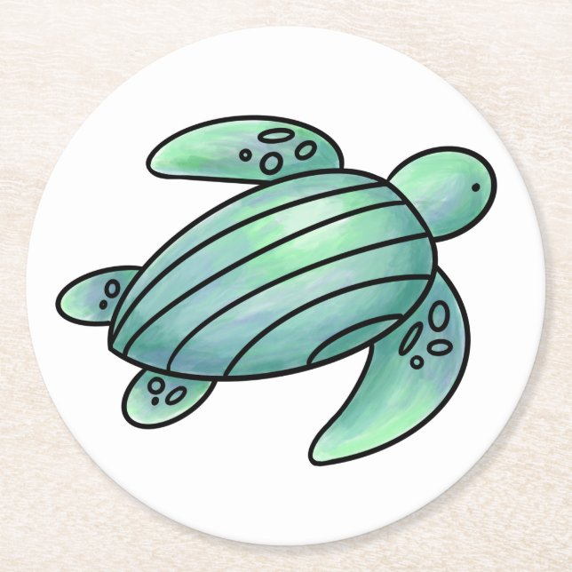 Vattenfärgad havssköldpadda tecknad blå grönt underlägg papper rund (Framsidan)