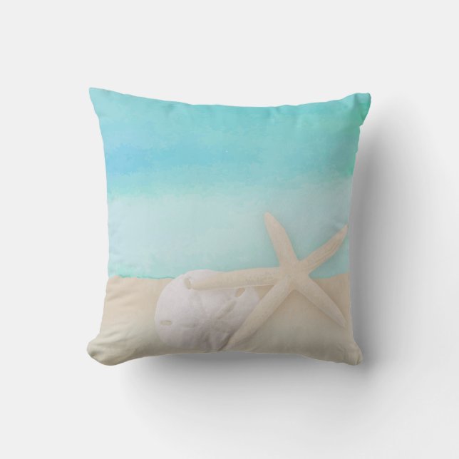 Vattenfärgad havsstjärtad havsfisk och sanddollarf kudde (Framsida)