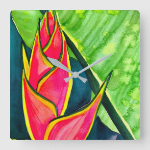 Vattenfärgad heliconia tropiska blommor fyrkantig klocka