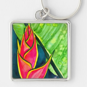 Vattenfärgad heliconia tropiska blommor fyrkantig silverfärgad nyckelring