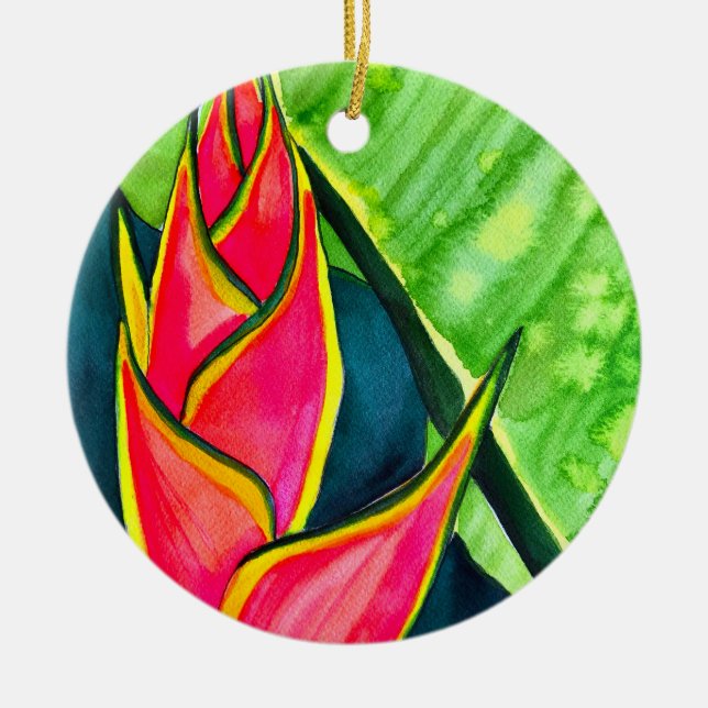 Vattenfärgad heliconia tropiska blommor julgransprydnad keramik (Framsidan)