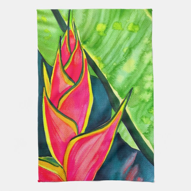Vattenfärgad heliconia tropiska blommor kökshandduk (Vertikal)