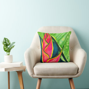 Vattenfärgad heliconia tropiska blommor kudde