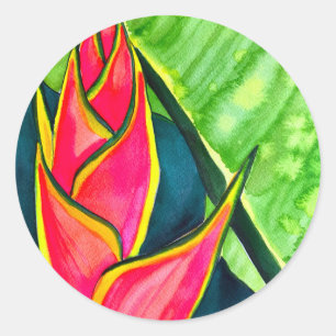 Vattenfärgad heliconia tropiska blommor runt klistermärke