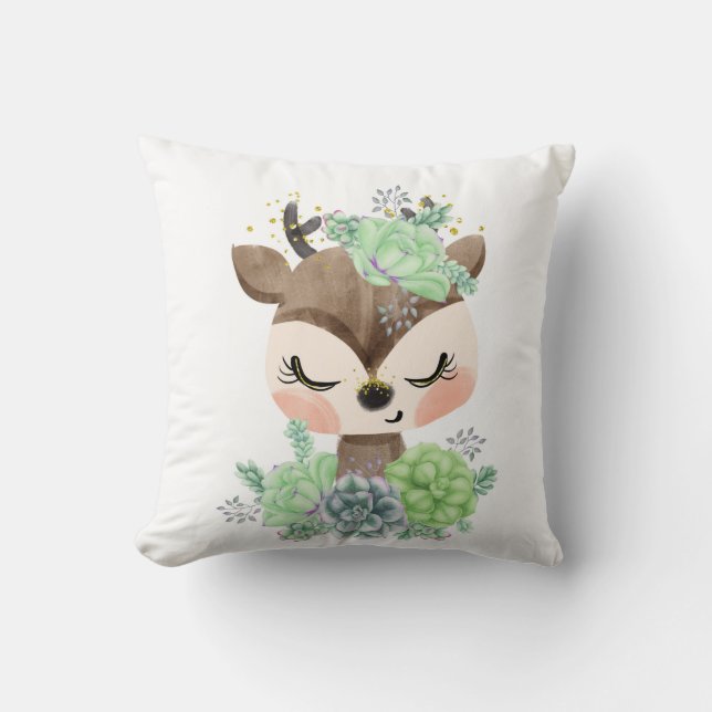 Vattenfärgad Hjort med Succulents Dekorativ kudde (Framsida)