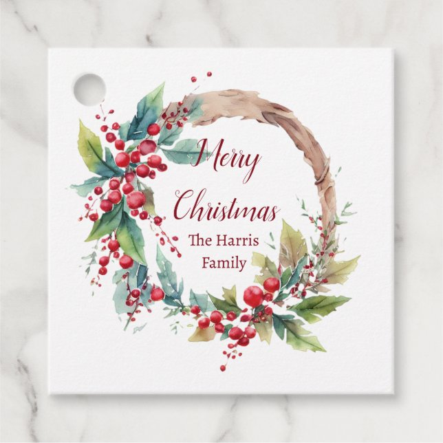Vattenfärgad holly-andning personlig jul gåvor etiketter (Framsida)