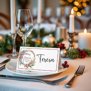 Vattenfärgad holly-andning personlig jul placeringskort