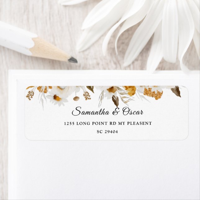 Vattenfärgad höst Gult och vit Blommigt Ram Returadress Etikett (Insitu)