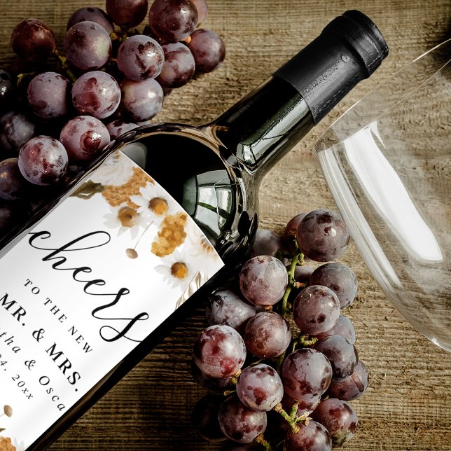 Vattenfärgad höst Gult och vit Blommigt Ram Vinflaska Etikett (Skapare uppladdad)