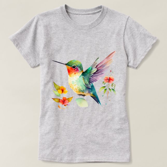 Vattenfärgad Hummingbird med färgstarka blommor T Shirt (Design framsida)