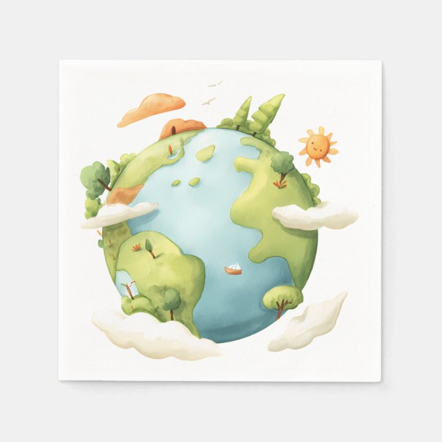 Vattenfärgad jord - Tecknad jord med naturfenomen Pappersservett (Framsidan)