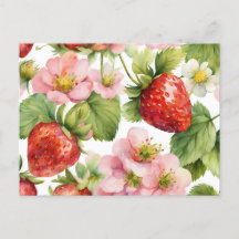 Vattenfärgad jordgubbar och Rosa Flowers