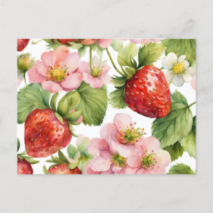 Vattenfärgad jordgubbar och Rosa Flowers Vykort