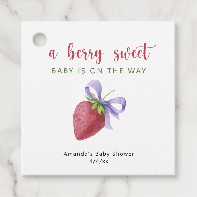 Vattenfärgad jordgubbskädda och lila buggdusch Bab Gåvor Etiketter (Framsida)