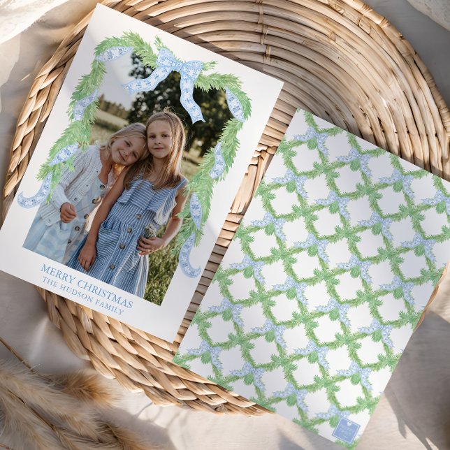 Vattenfärgad jul Blue Bow Garland Photo Julkort (Skapare uppladdad)