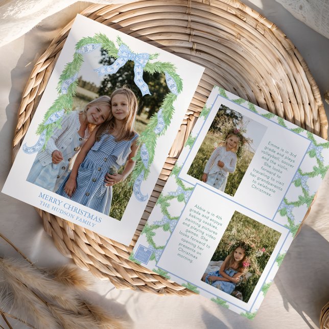 Vattenfärgad jul Blue Bow Garland Photo Julkort (Skapare uppladdad)