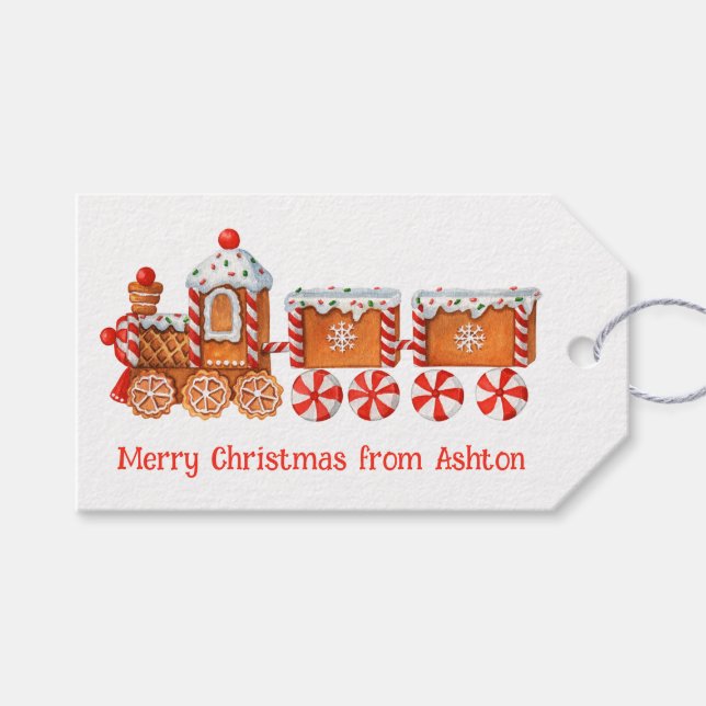 Vattenfärgad jul Gingerbröd Tåg Cookies Presentetikett (Framsidan (Horisontell))