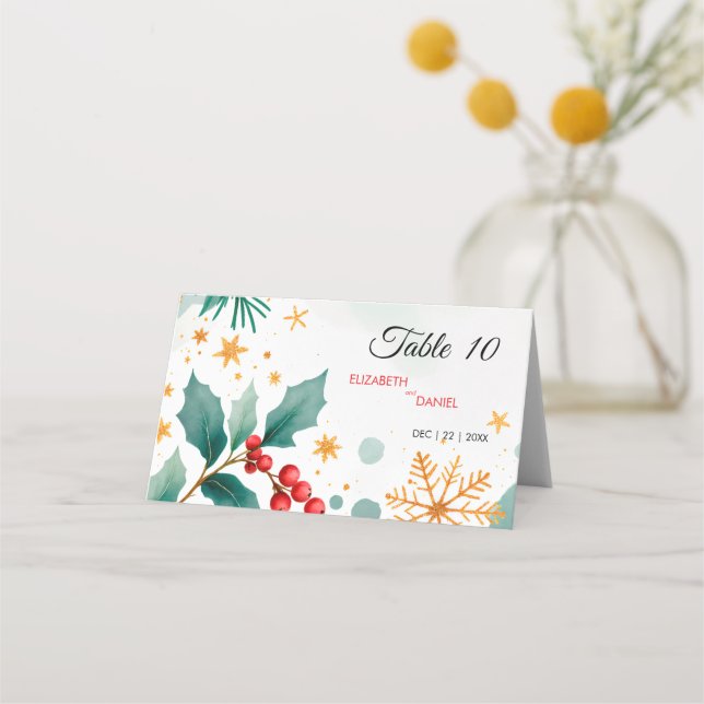 Vattenfärgad jul - Holly & Guld Snöflingor Placeringskort (Framsida)