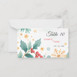 Vattenfärgad jul - Holly & Guld Snöflingor Placeringskort
