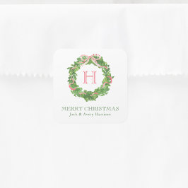 Vattenfärgad jul Monogram Streckad Bow-utandning Fyrkantigt Klistermärke