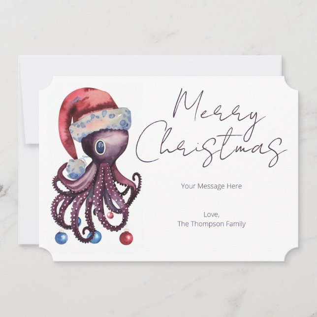 Vattenfärgad jul Octopus med julhatt Julkort (Framsida)
