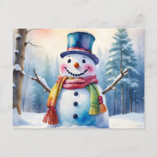 Vattenfärgad jul Snögubbe i Winter Forest Helg Vykort