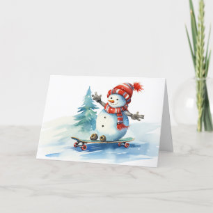 Vattenfärgad jul Snögubbe på en skateboard Helgkort