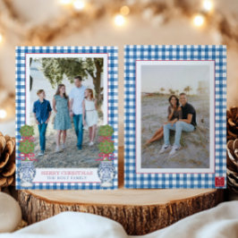 Vattenfärgad jul Topiary Gingham Photo Julkort