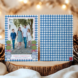 Vattenfärgad jul Topiary Gingham Photo Julkort