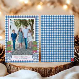 Vattenfärgad jul Topiary Gingham Photo Julkort