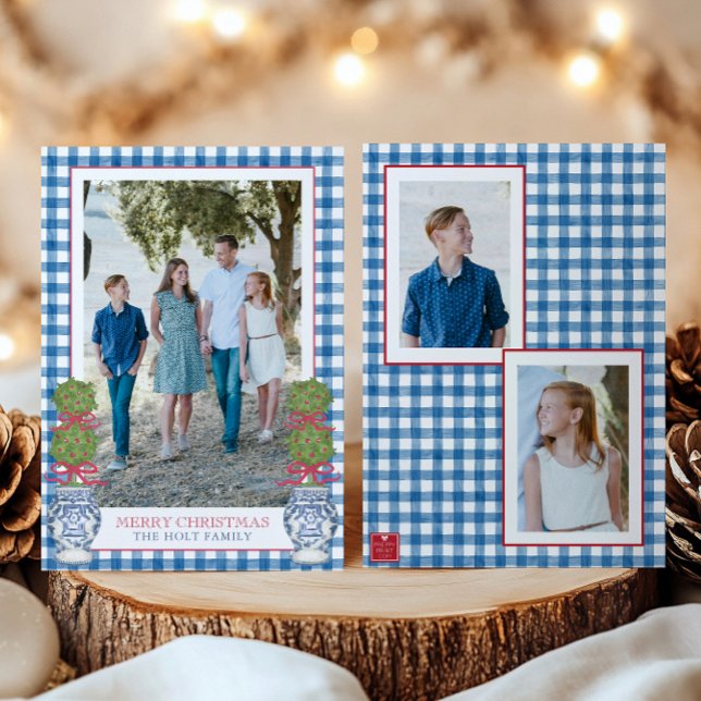 Vattenfärgad jul Topiary Gingham Photo Julkort (Skapare uppladdad)