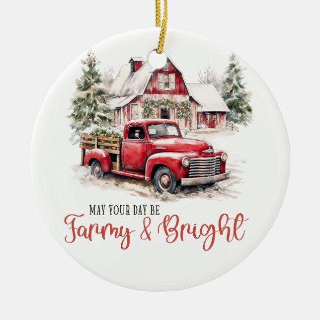 Vattenfärgad jul Vintage Lastbil och Barn Julgransprydnad Keramik (Framsidan)