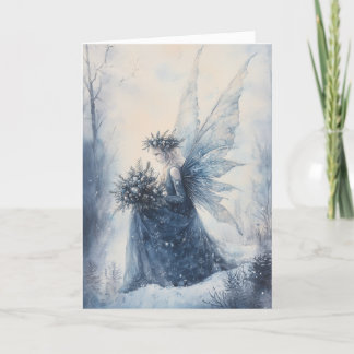Vattenfärgad julblå Fairy i Snowy Fält Kort