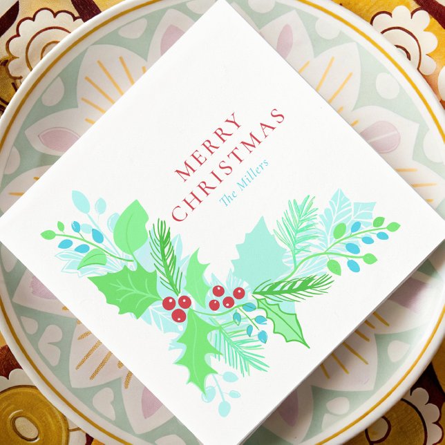 Vattenfärgad julblå Grönt och rödbotaniska produkt Pappersservett (Skapare uppladdad)